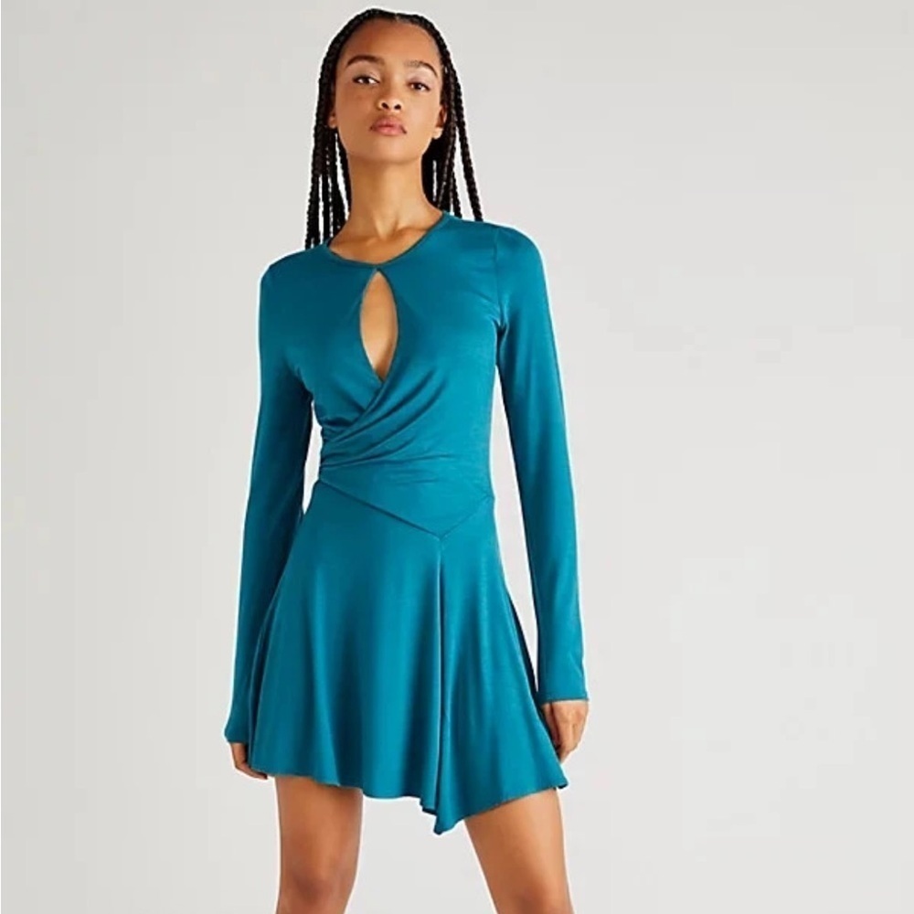 FP Beach Blue Green Vance Wrap Mini Dress Size XS Long Sleeve Fit And Flare